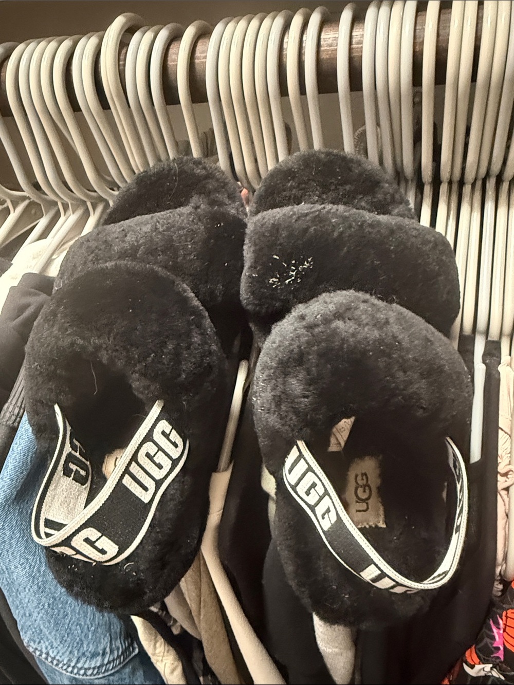 UGG Kids Black Shearling Fluff Slingback Slides